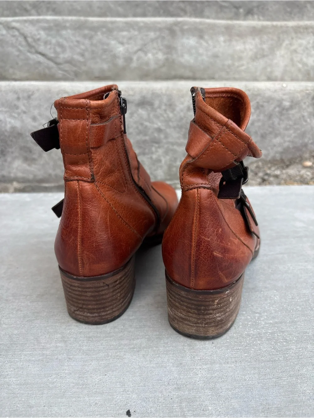 Paul Green München Cognac Leather Double Buckle Ankle Boots Women’s US 8 / EU 5½